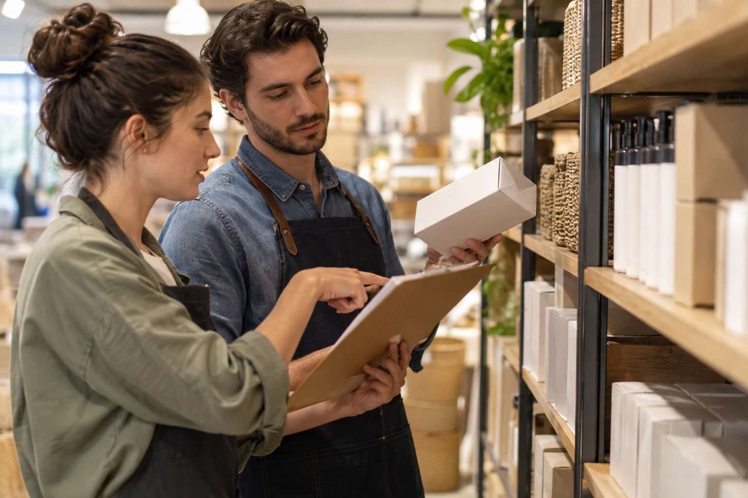 Dependiente de comercio: funciones y pautas para una buena incorporación — Imagen 2 Compañeras comprobando una caja recibida con ayuda de un portapapeles.