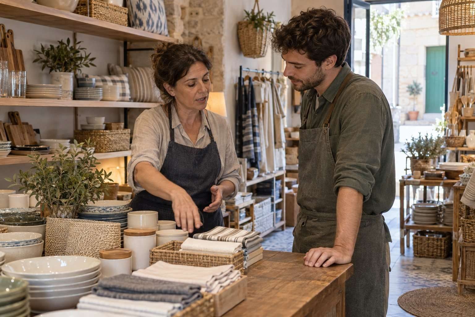 Dos compañeras revisando juntas productos en una tienda de artículos para el hogar.